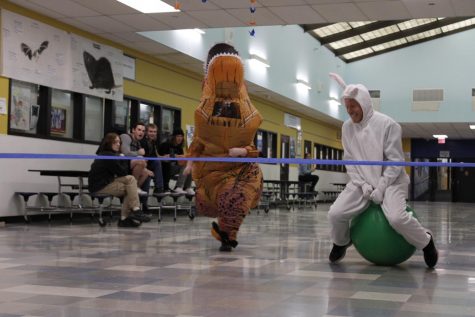 person in a t-rex costume races person in a bunny costume