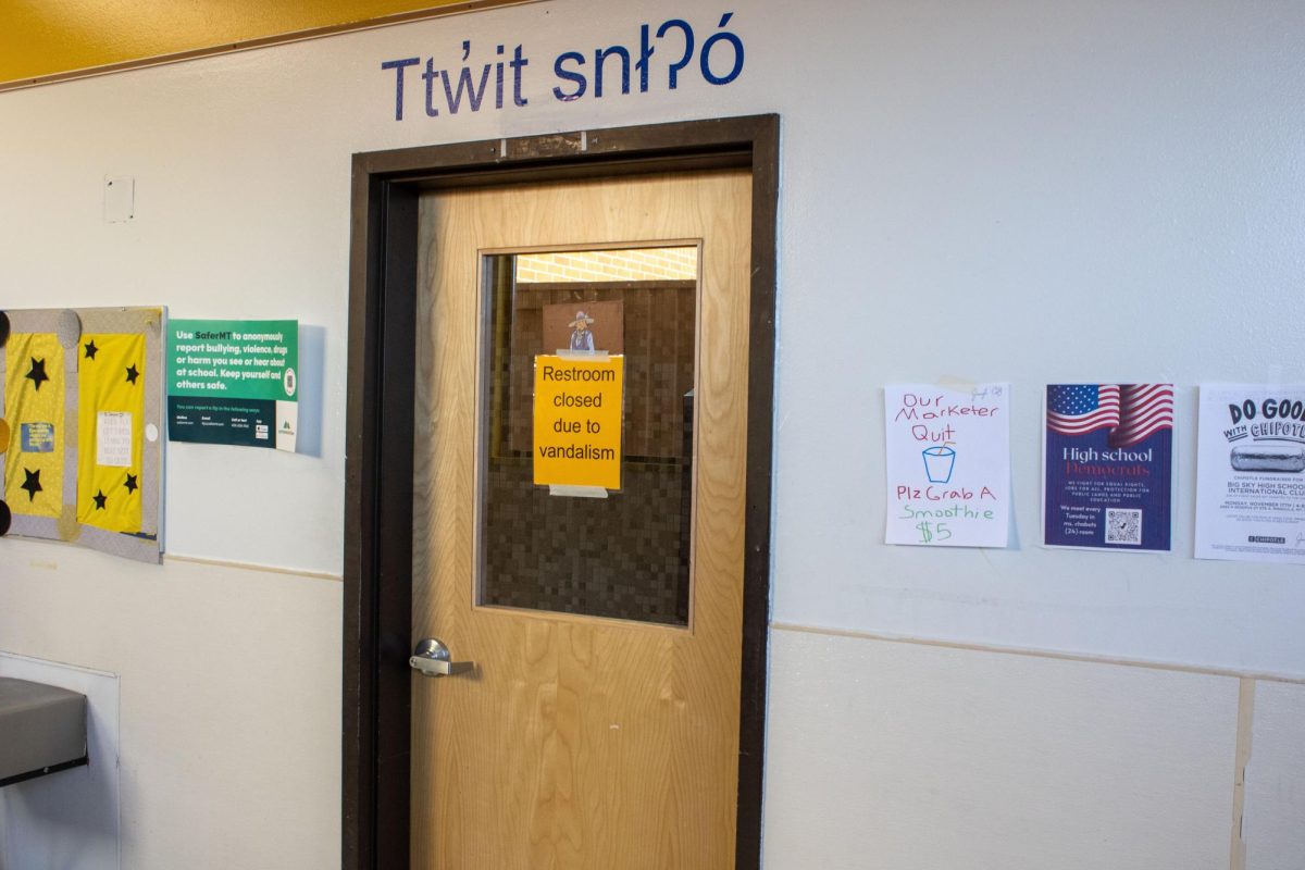 West bathroom door with a vandalism closure sign at Big Sky, November 11, 2025. Bathroom vandalism continues to be an issue for the school, as well as the students, which costs the school money and everyone time. 