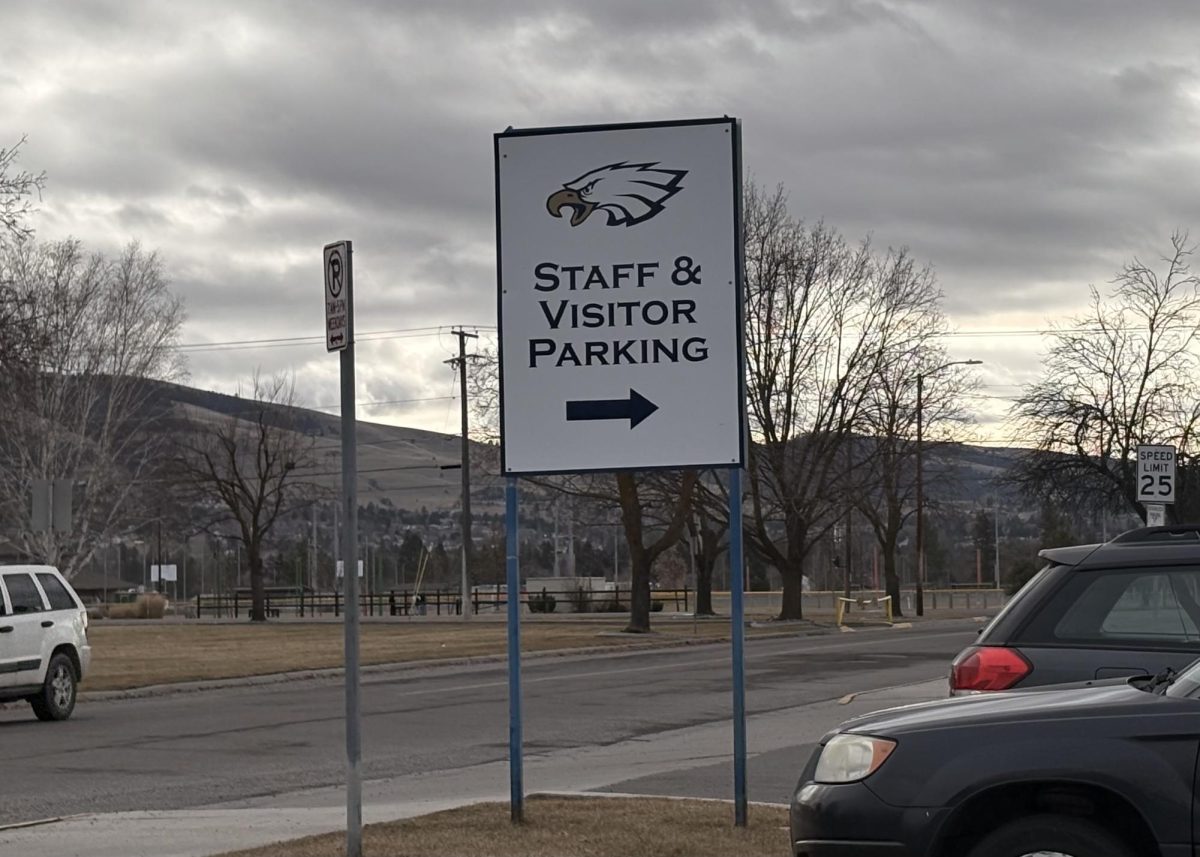 Sign marking the lot as a visitor lot but also indicates staff parking. 