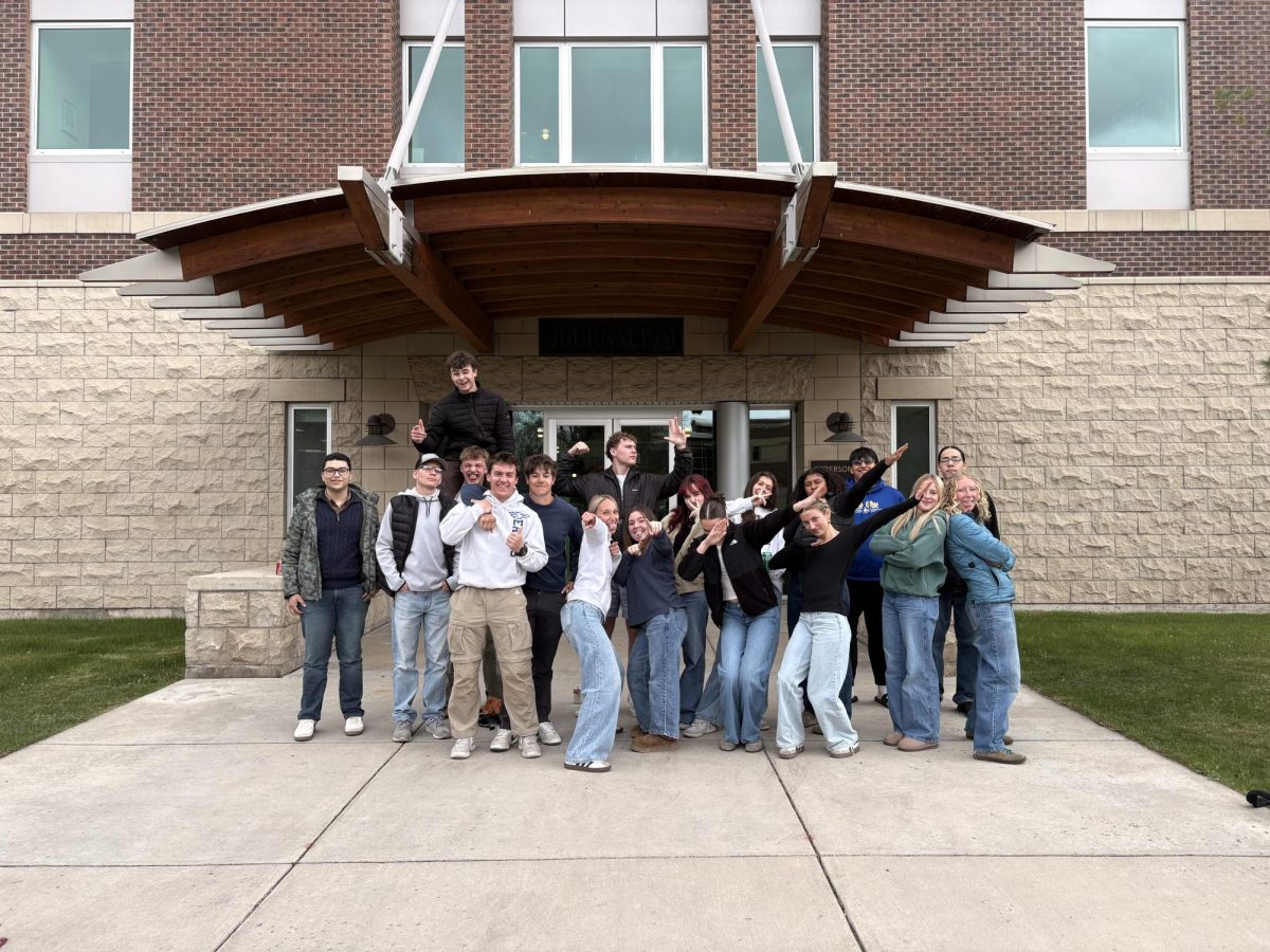 Sun Journal staff outside of the UM JSchool at High School Journalism Day, April 2026. 